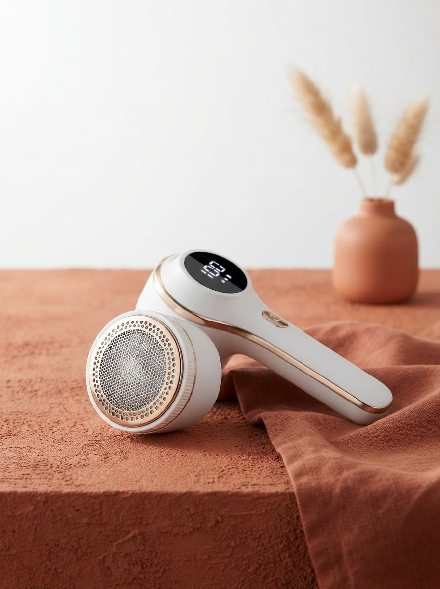 Portable digital fabric shaver placed on a terracotta surface next to a linen cloth in a bright, modern studio setting.